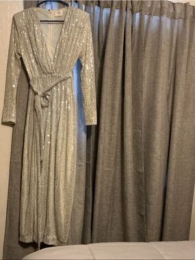 Miss Circle Silver Sequin Wrap Jumpsuit with Belt